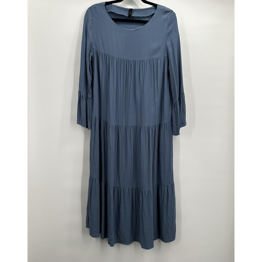 YAS Dress Womens Large Blue YASSILVIA 3/4 Sleeve Tiered‎ Maxi Viscose Lagenlook